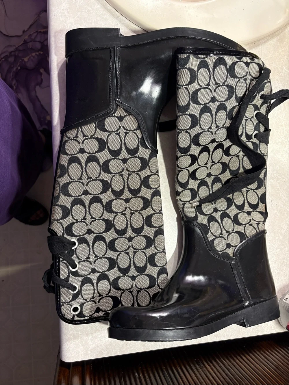Coach Black and Gray Signature Monogram Rain Boots